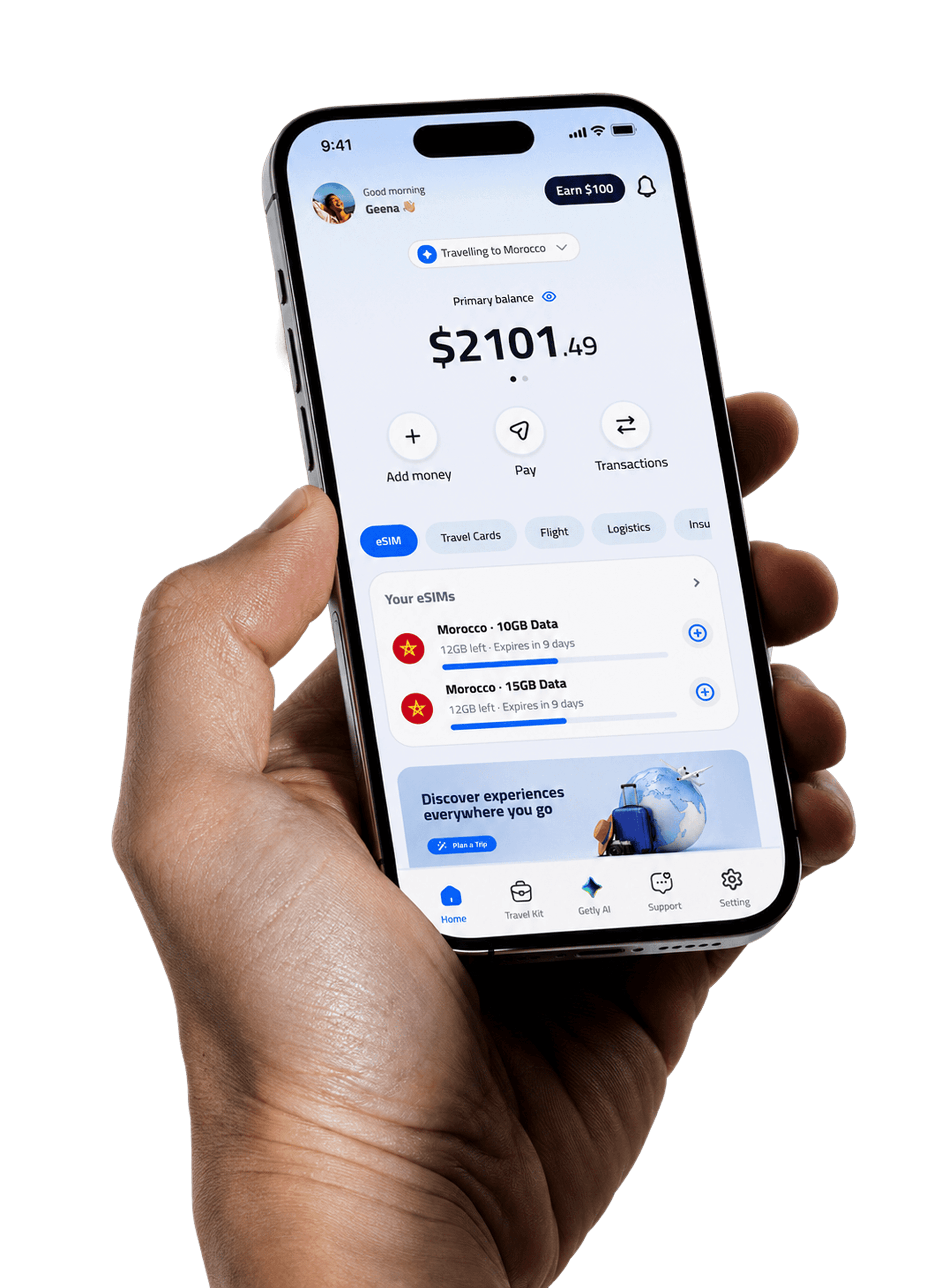The Getly app dashboard, shown held in a hand on a smartphone